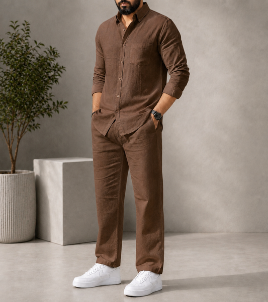 Brown Elite Class Top & Bottom Set Of Linen, Luxury And Style