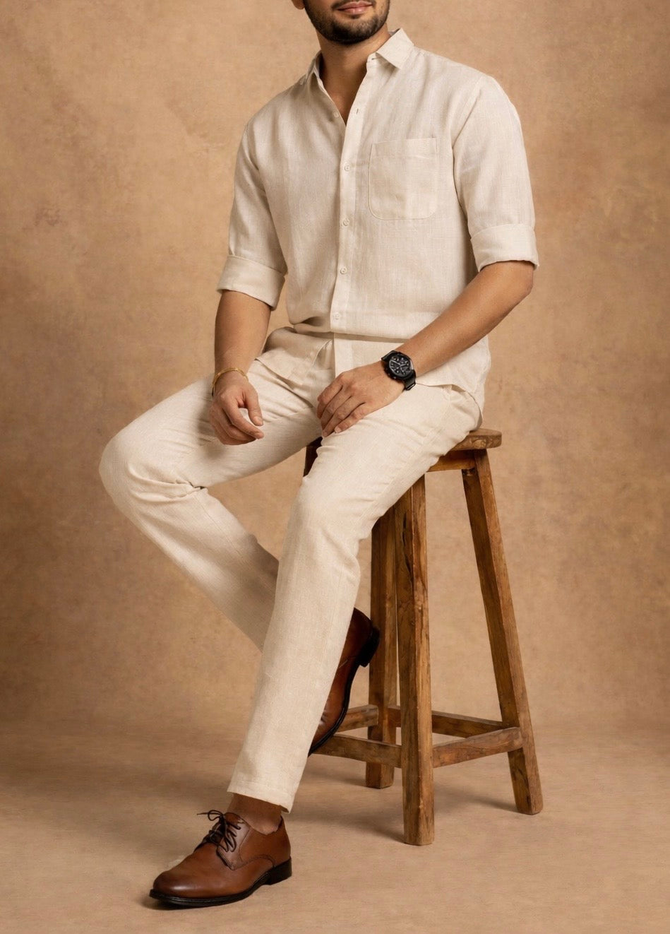 Beige Hallmark Top & Bottom Set Of Linen, Luxury And Style