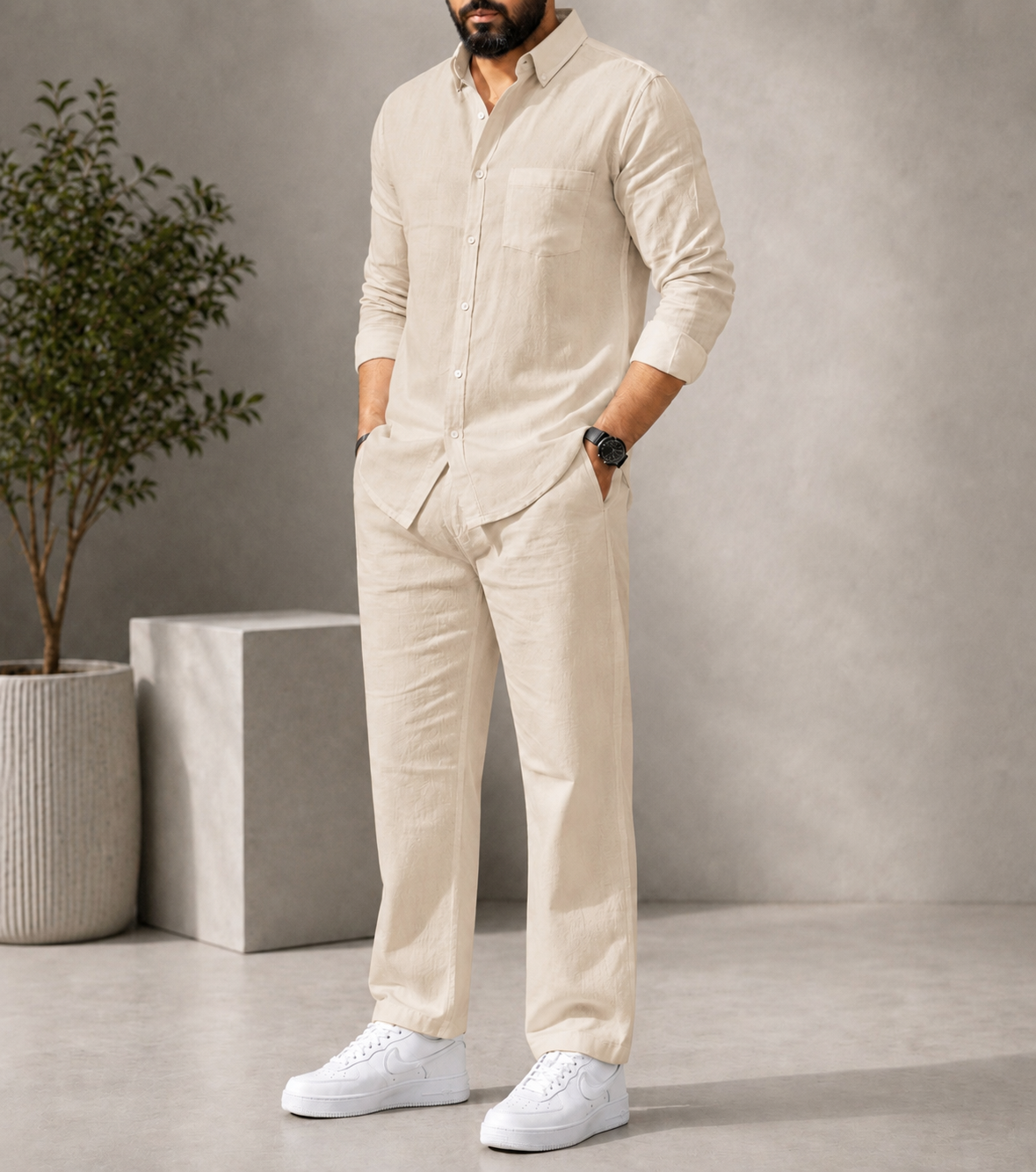 Beige Elite Class Top & Bottom Set Of Linen, Luxury And Style