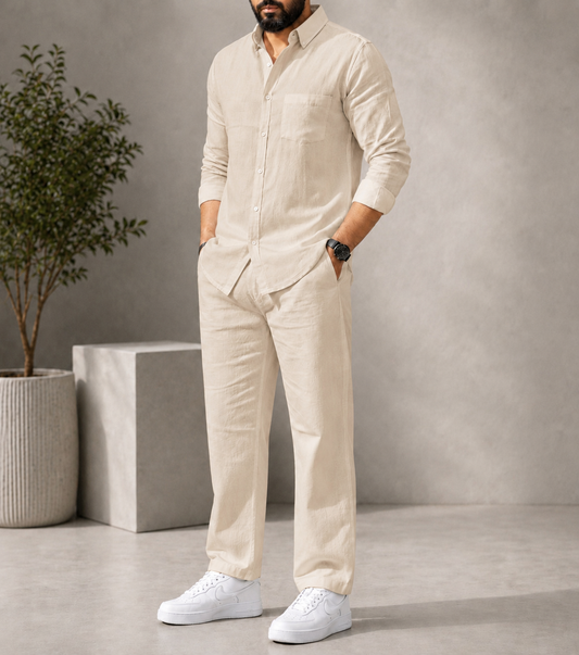 Beige Elite Class Top & Bottom Set Of Linen, Luxury And Style