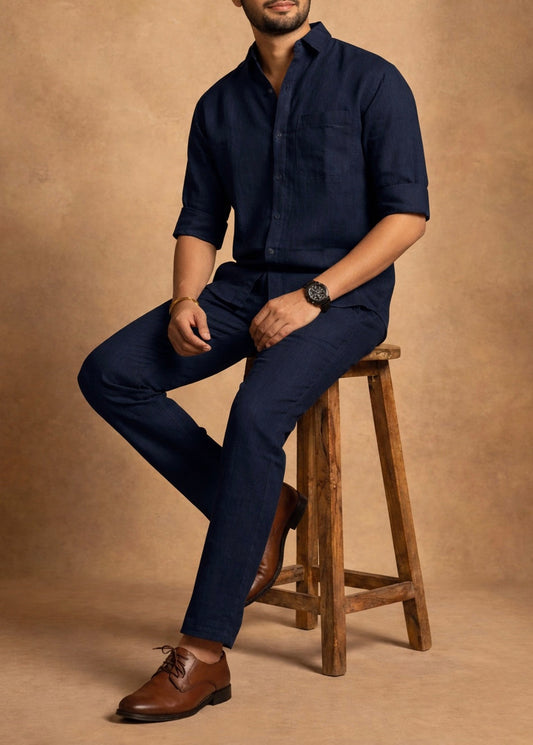 Navy Hallmark Top & Bottom Set Of Linen, Luxury And Style