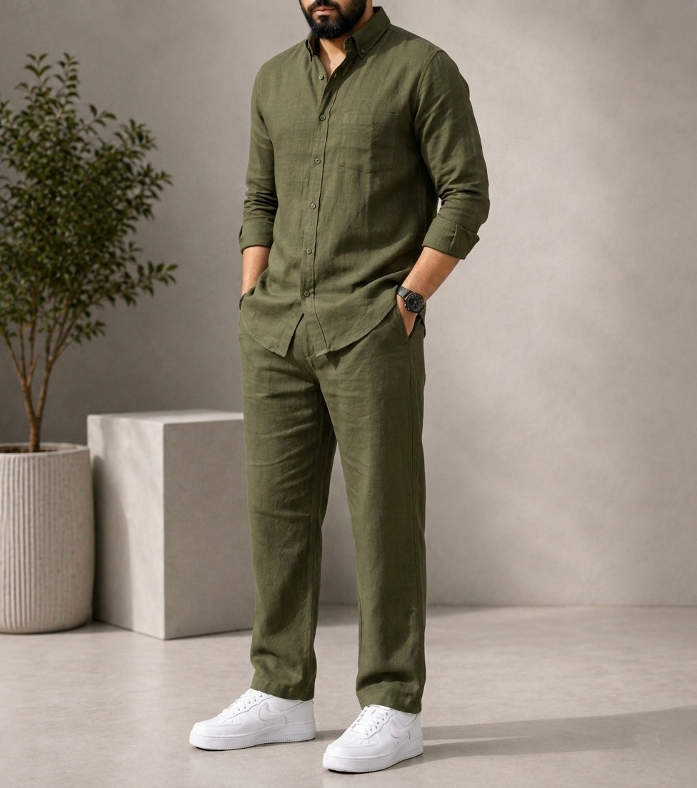 Beige Elite Class Top & Bottom Set Of Linen, Luxury And Style