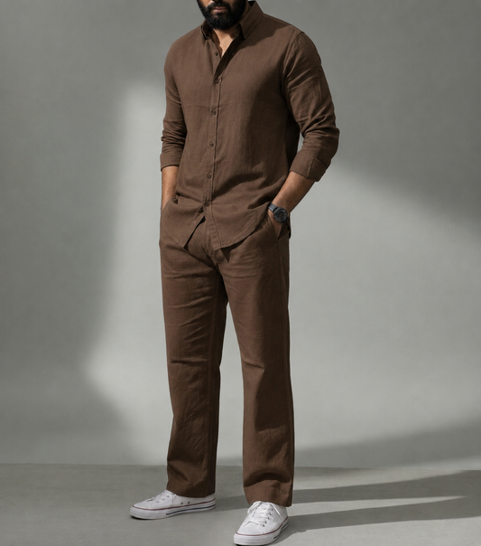 Brown Top & Bottom Set Of Linen, Luxury And Style