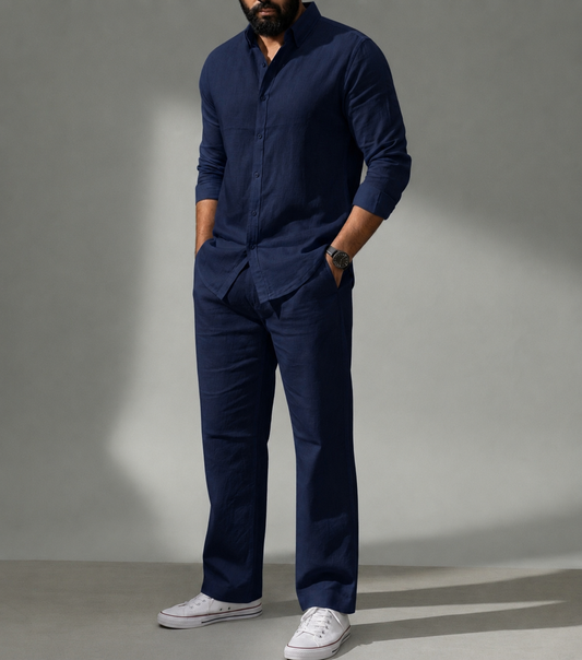 Navy Top & Bottom Set Of Linen, Luxury And Style