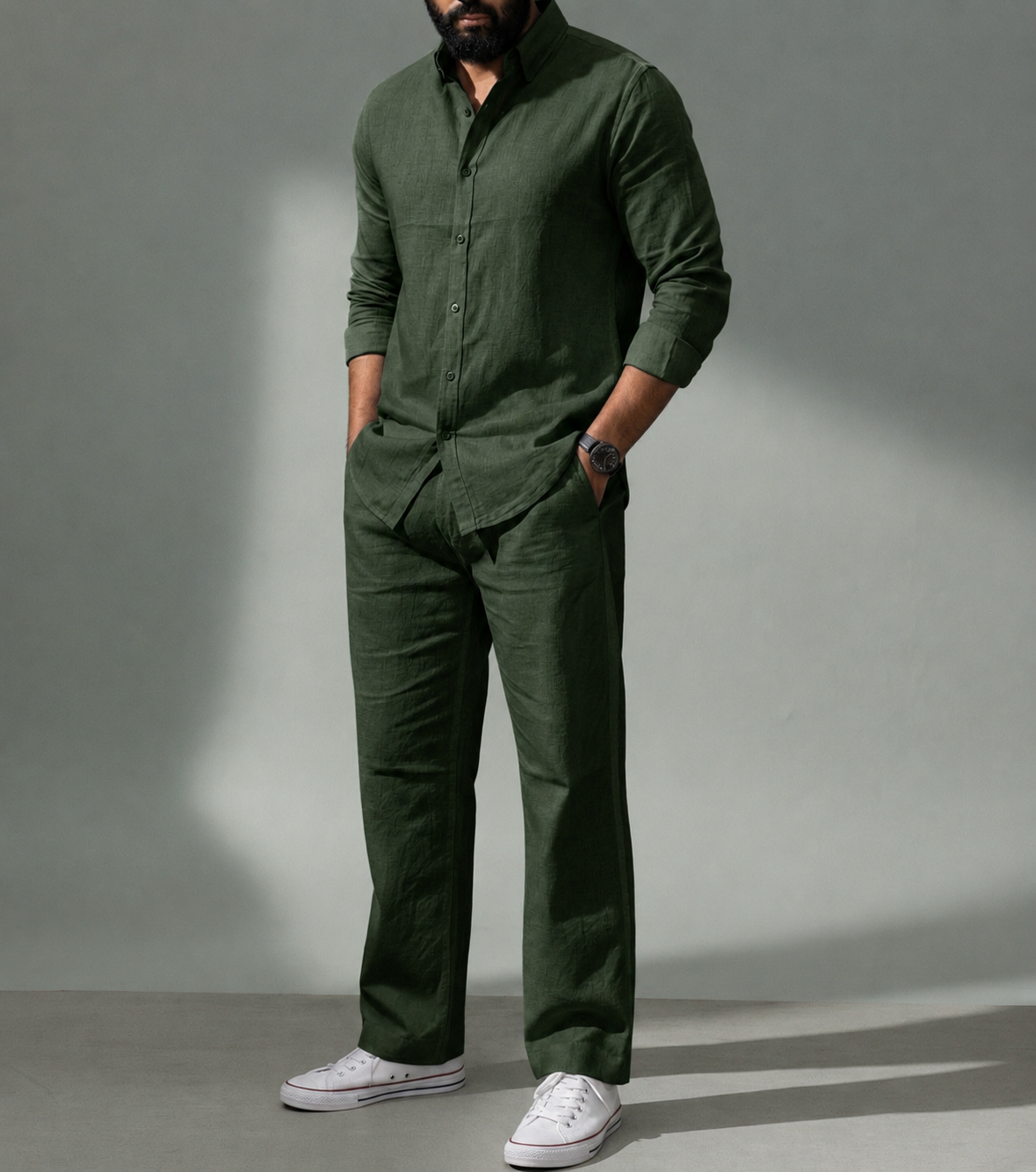 Green Top & Bottom Set Of Linen, Luxury And Style