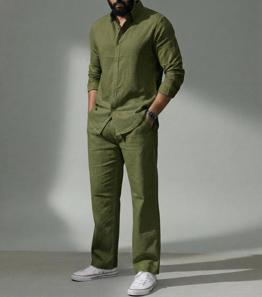 Olive green Top & Bottom Set Of Linen, Luxury And Style