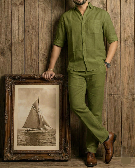 Olive green Sunweave Top & Bottom Set Of Linen, Luxury And Style