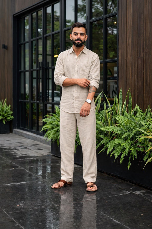 Beige Men Linen Men's Co-ord Set