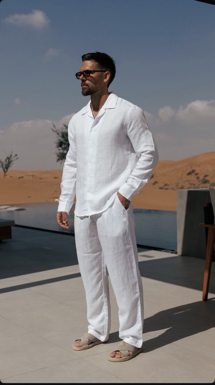 Beige Premier Top & Bottom Set Of Linen, Luxury And Style
