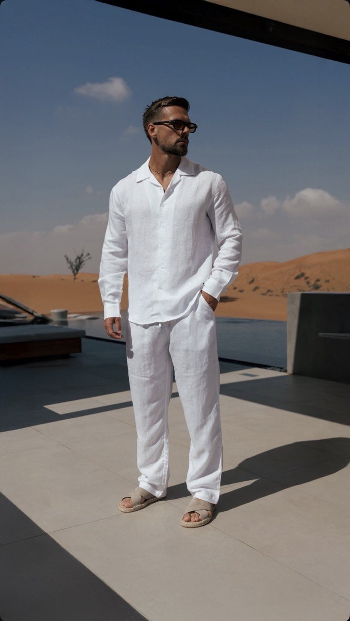 Beige Premier Top & Bottom Set Of Linen, Luxury And Style