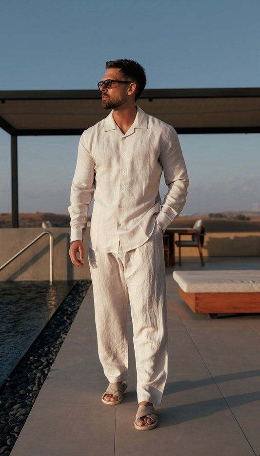 Beige Premier Top & Bottom Set Of Linen, Luxury And Style